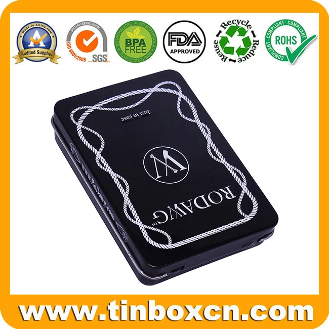 Custom Hinge Metal Box Rectangular Black Tin Case with Embossing for Pen Pencil Stationery Storage