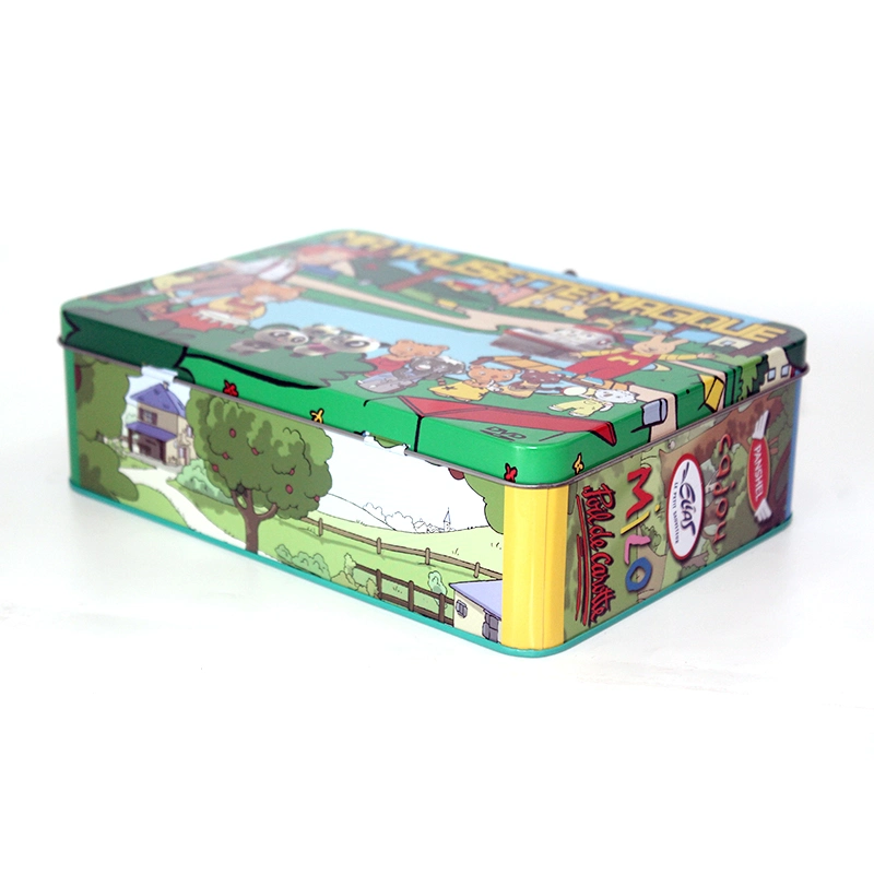 Small Rectangular Hinged Lid Metal Stationery Cosmetics Tin Case Beautiful Lunch Tin Box with Handle for Children