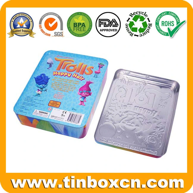 Customized Cute Large Rectangle 3D Embossed Metal Can Gift Tin Box for Kids Toys Cookies Biscuits