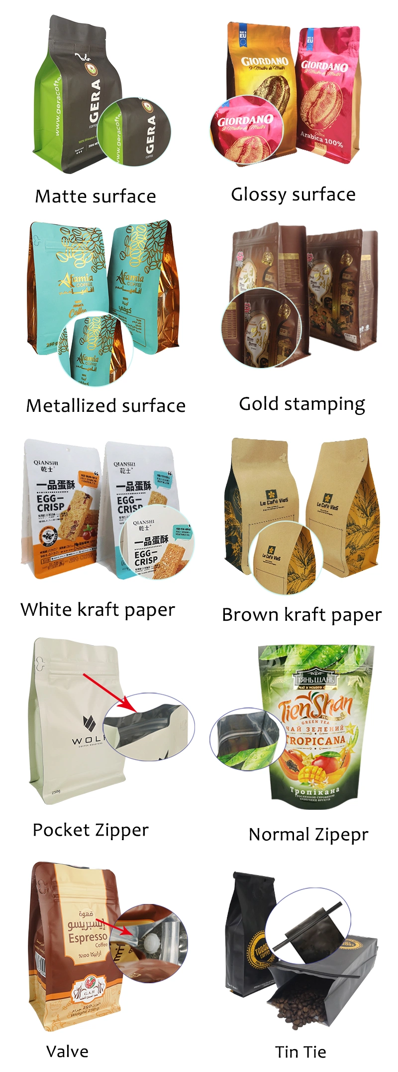 Coffee Beans Packaging Bag Brown/White Kraft Paper Lined with PE Square Bottom Bag with Tin Tie