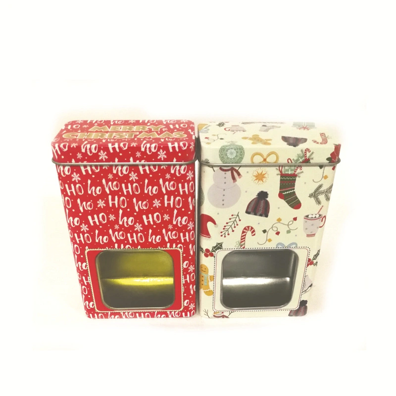 Factory Custom Christmas Tall Rectangular Tea Candy Gift Tin with Clear Window