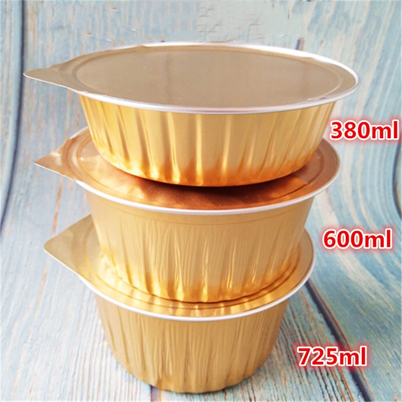 Round Soup Bowl 600ml Casserole Pasta Tin Foil Takeaway Box Gold High End Sealable Aluminum Foil Meal Box with Lid