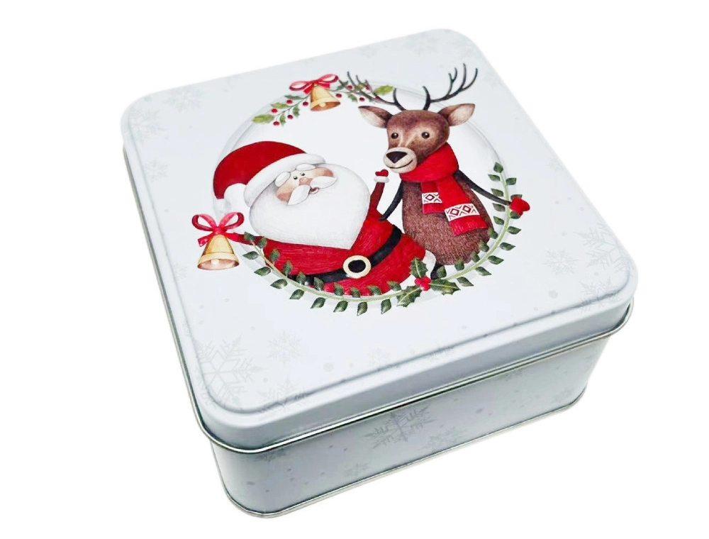 China Manufacture Wholesale Custom Christmas Tinplate Container White Square Metal Case Chocolate Candy Tin Box with Lid