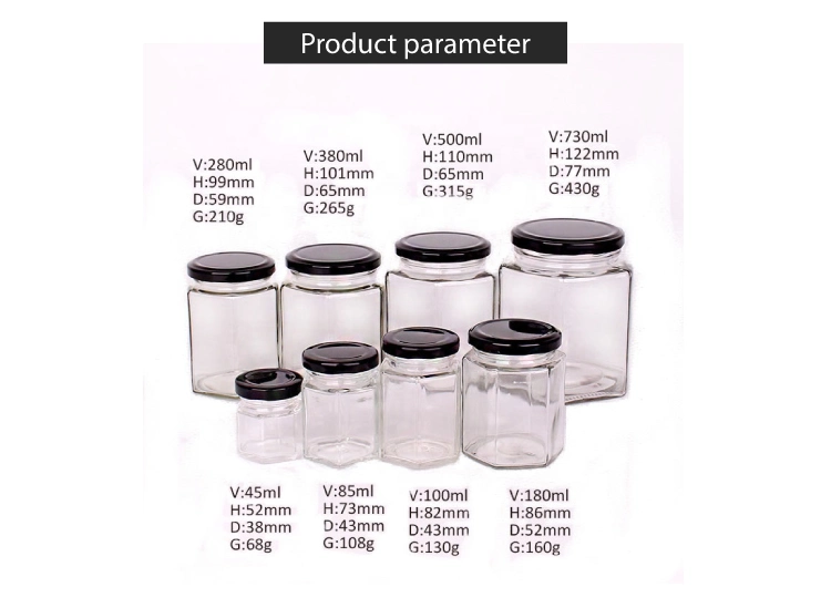 Empty 50ml 100ml 120ml 180ml 280ml 500ml 730ml Hexagonal Clear Glass Food Jar for Honey Jam with Tin Lid