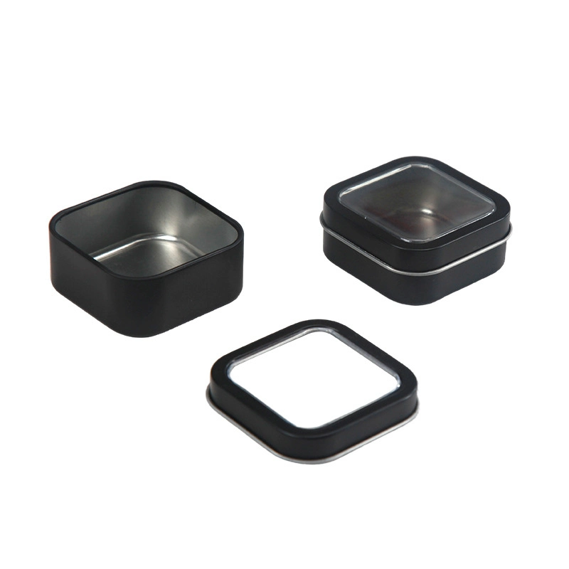 2 Oz Small Window Lid Black Metal Packaging Tin Case Square Candle Tin with Lid