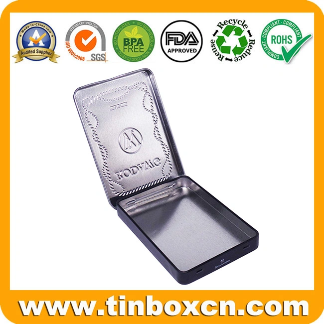 Custom Hinge Metal Box Rectangular Black Tin Case with Embossing for Pen Pencil Stationery Storage