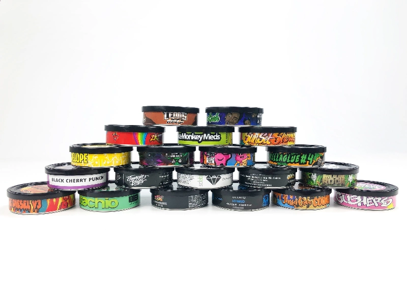 3.5g Pressitin Tuna Cans Strain Stickers Dry Herb Flower Tobacco Round Storage Box Black Lid Customize