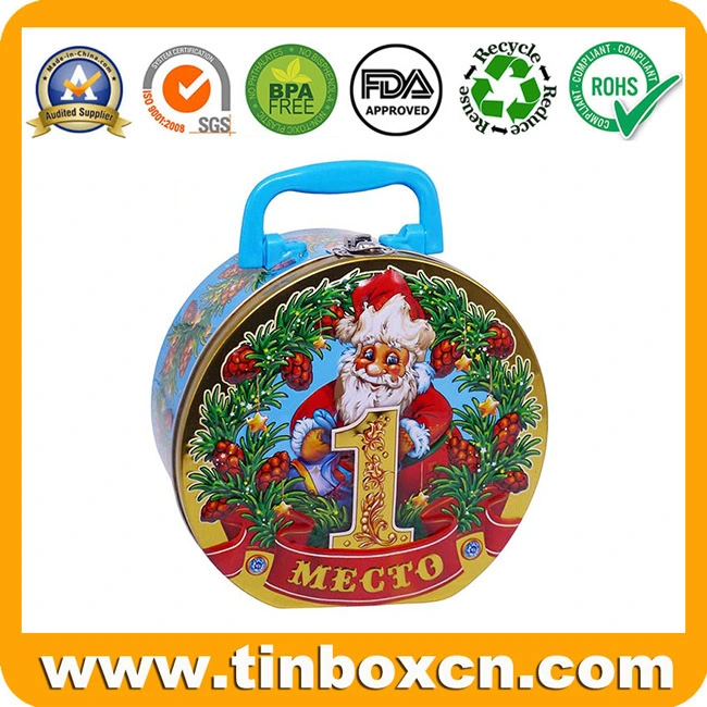 Decorative Metal Can Round Handle Christmas Tin Box with 3D Embossment