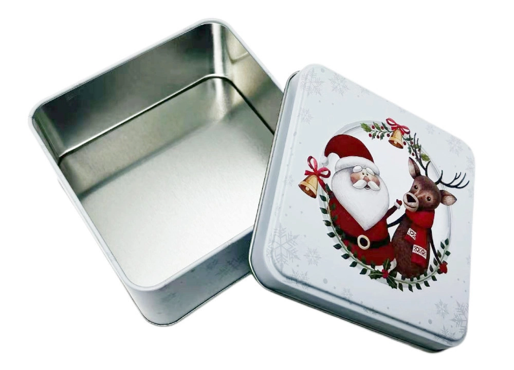 China Manufacture Wholesale Custom Christmas Tinplate Container White Square Metal Case Chocolate Candy Tin Box with Lid