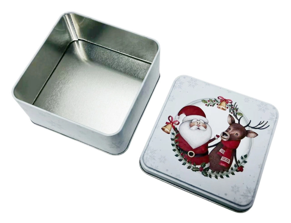 China Manufacture Wholesale Custom Christmas Tinplate Container White Square Metal Case Chocolate Candy Tin Box with Lid