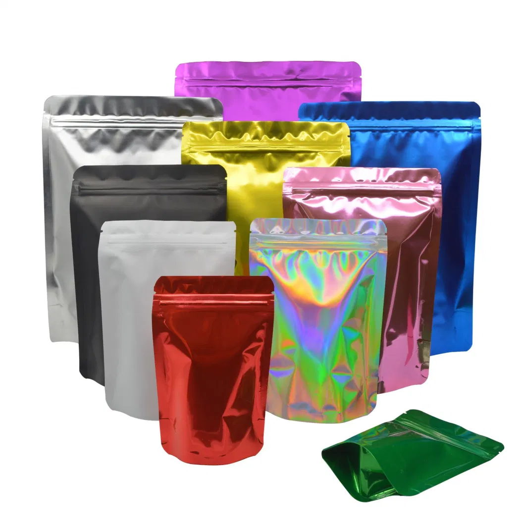 Hot-Stamping Aluminum Foil Food Packaging Bio-Degradable Ziplock Printed Mylar Holographic Bag Water Child Proof Stand up Colorful Sealed Golden Container