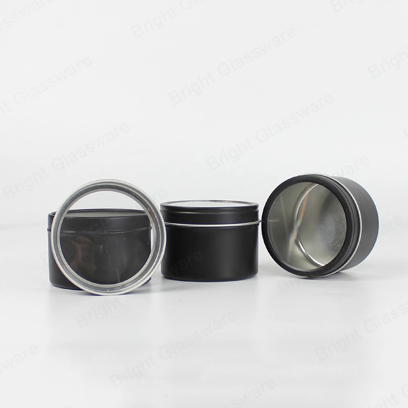 Round Shape Black Tin Container Box with Window on Top