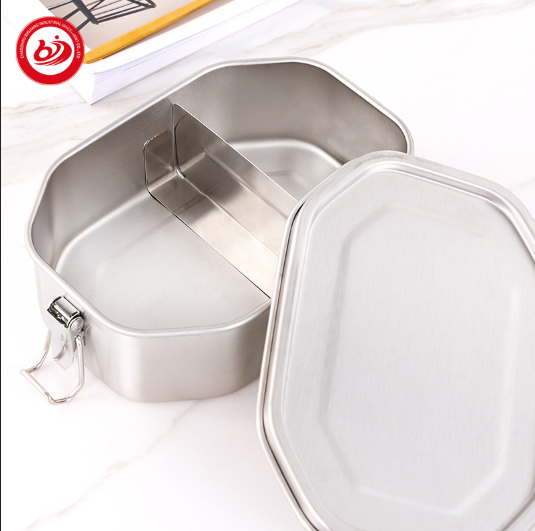 Octagon Shape Stainless Steel 304 Bento Lunch Box with Removal Divider Leak Proof 800ml Metal Food Container for Kids and Adult