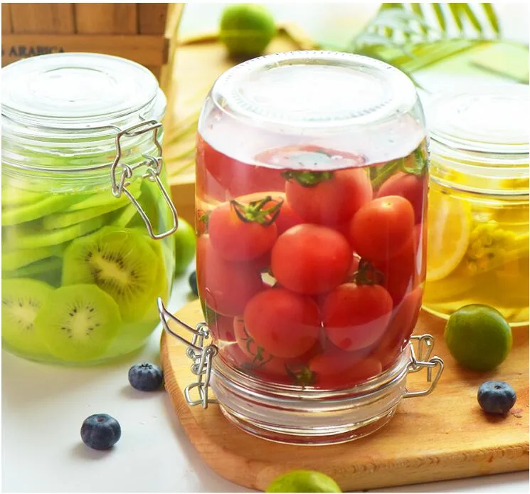 Wholesale Wide Mouth Glass Packaging Round Jar with Sealed Ring, Airtight Food Storage/Pickle Glass Jar with Metal Clips