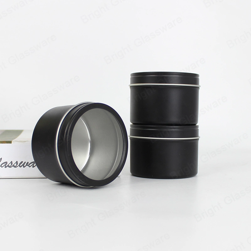 Round Shape Black Tin Container Box with Window on Top