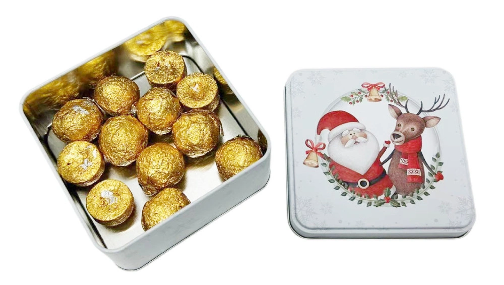 China Manufacture Wholesale Custom Christmas Tinplate Container White Square Metal Case Chocolate Candy Tin Box with Lid