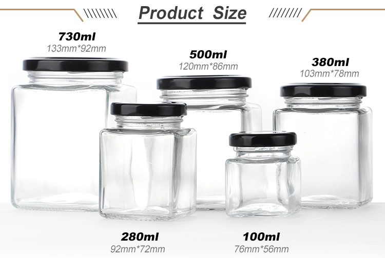 50ml 100ml 200ml 280ml 380ml 500ml 730ml 1000ml Square Glass Jar with Metal Lid Glass Jars