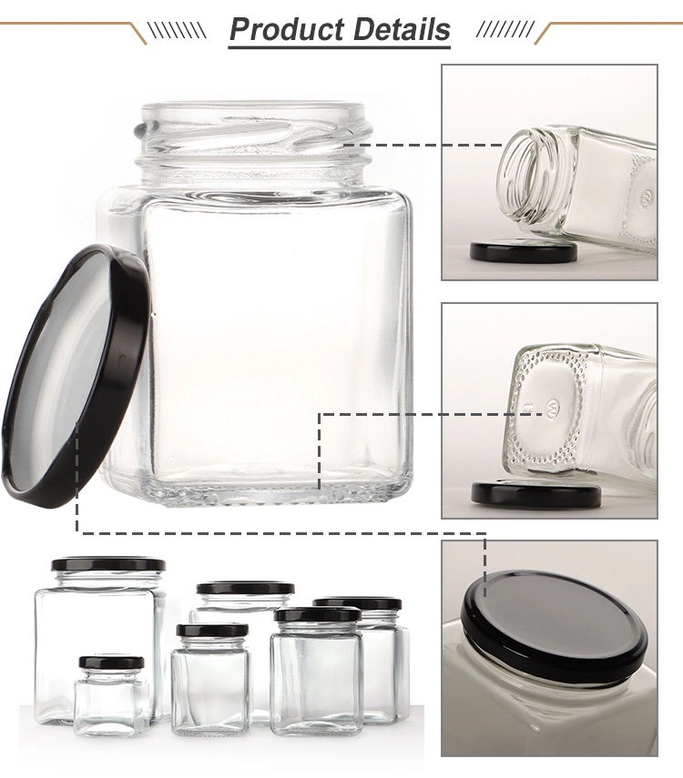 50ml 100ml 200ml 280ml 380ml 500ml 730ml 1000ml Square Glass Jar with Metal Lid Glass Jars