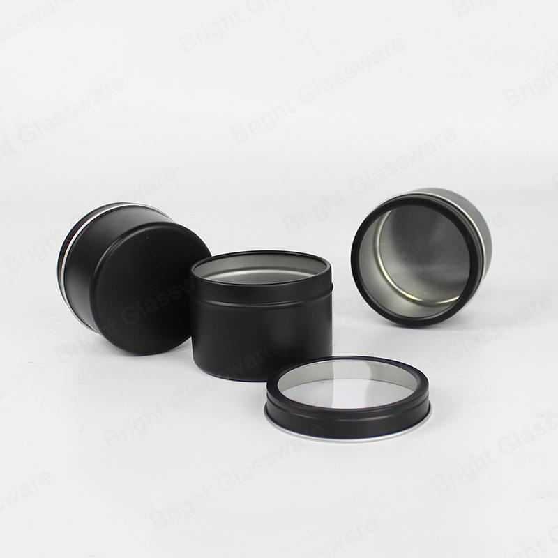 Round Shape Black Tin Container Box with Window on Top