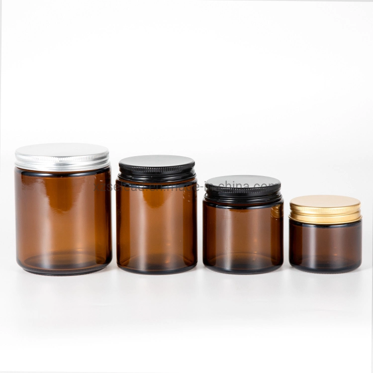 Empty 100ml 250ml 8oz Amber Round Glass Candle Jar Container with Metal Lid 9oz Candle Glass Jar