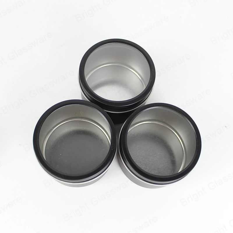 Round Shape Black Tin Container Box with Window on Top