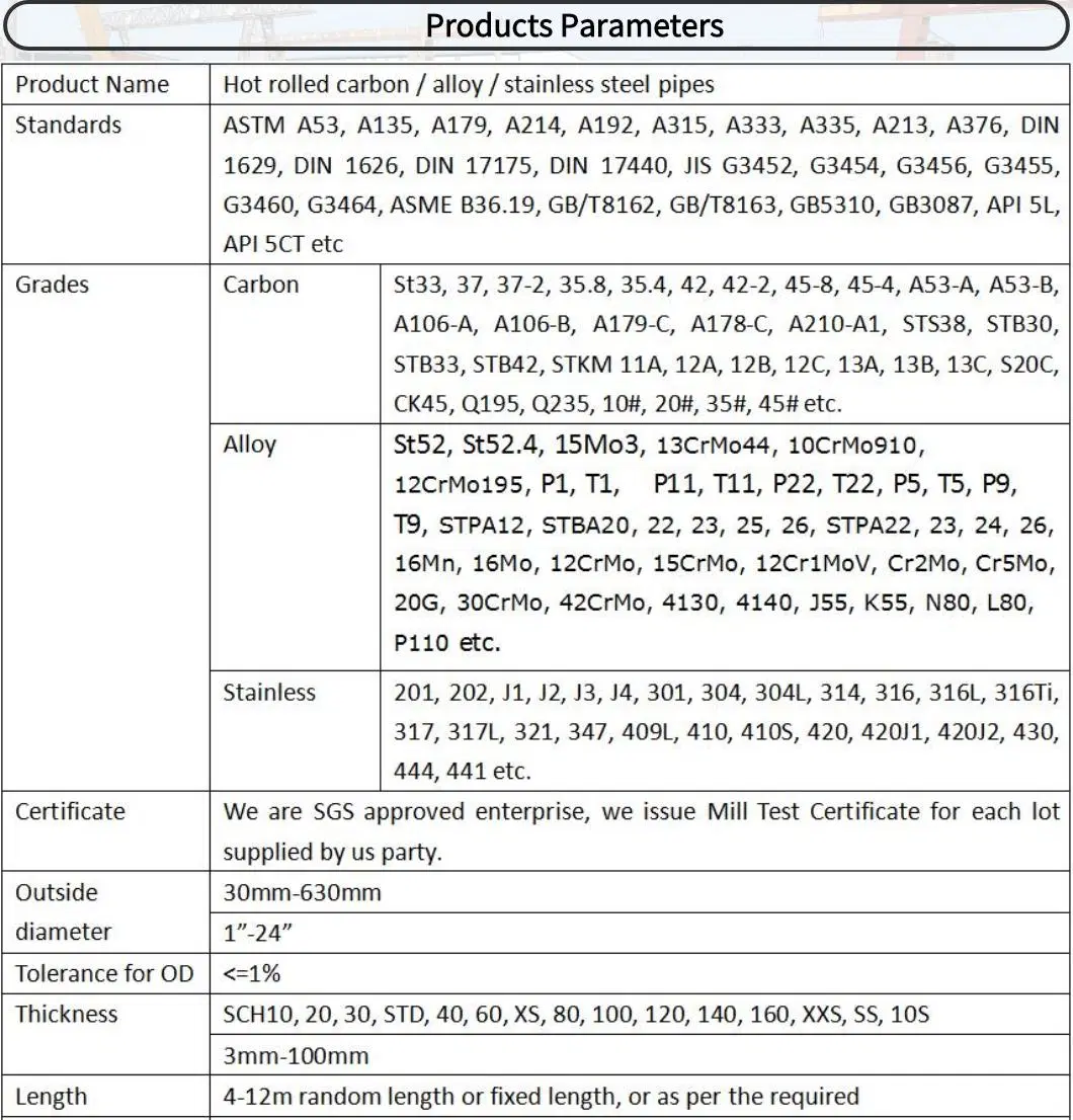 DIN1629/3 1629/4 St52 St52.4 ASTM A210-C 16mn Low Alloy Steel Seamless Hot Rolled Round Pipes