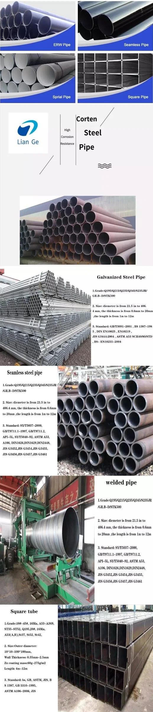 0.7 - 13 mm Wall Thick Non-Alloy LSAW Pipe Corten Steel Big Diameter Structure Pipe Round / Square / Rectangular Galvanize