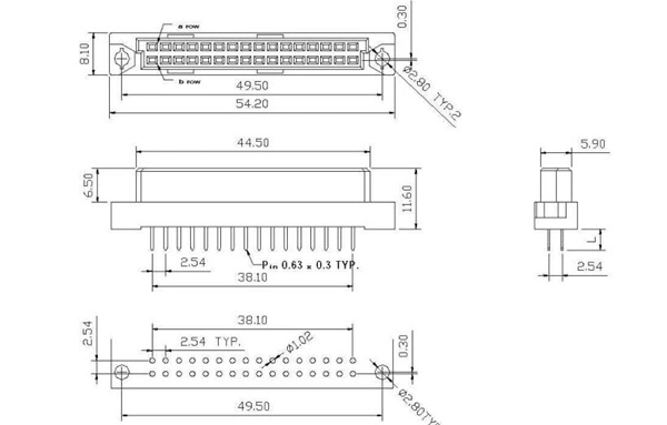 DIN41612 Connector, 3X16POS, High + Low Terminal, Female, Right Angle, Custom