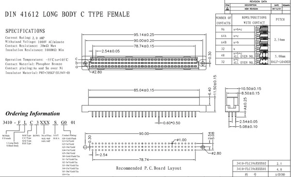 DIN41612 Connector, 3X16POS, High + Low Terminal, Female, Right Angle, Custom