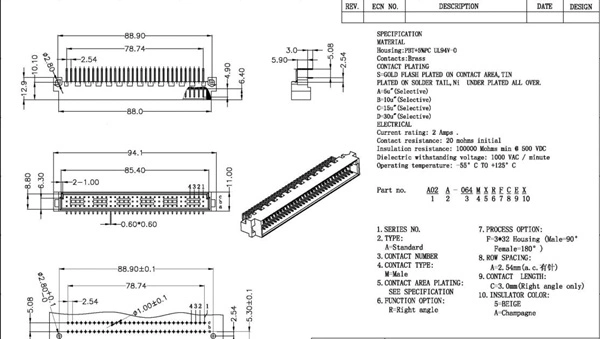 DIN41612 Connector, 3X16POS, High + Low Terminal, Female, Right Angle, Custom