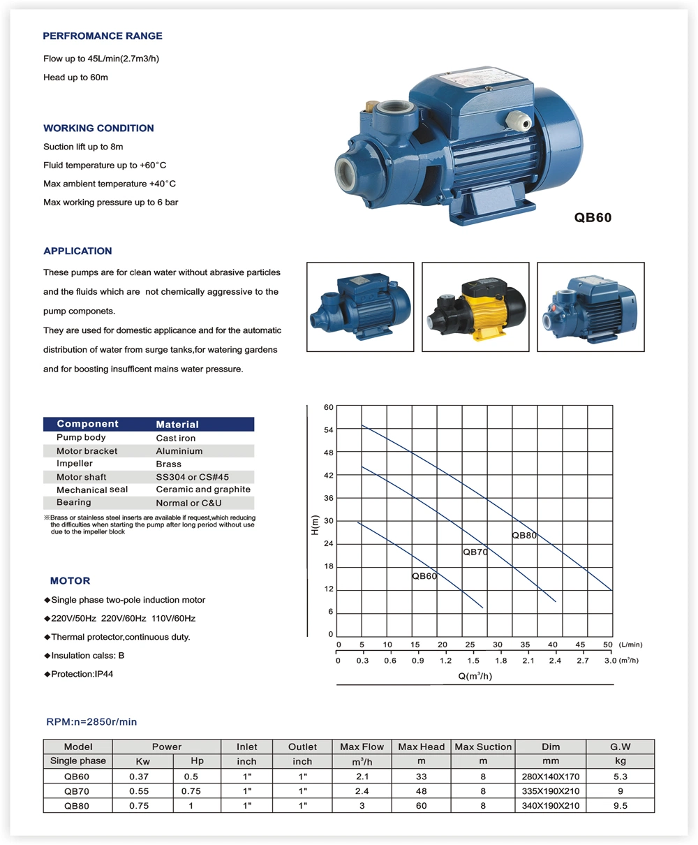 QB 60 70 80 90 Single Phase 220V Clean Water Pump (QB60-A)