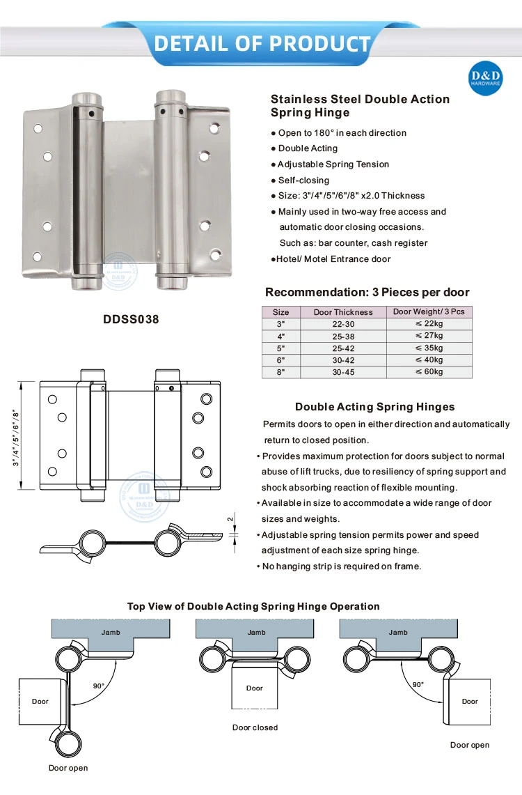 Stainless Steel Building Hardware Accessories Hydruail Concealed Commercial Wood Interior Door Butt Hinge Self Closing Strong Double Action Spring Door Hinge