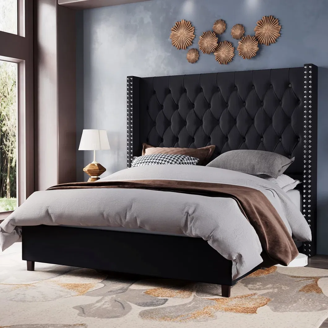 Huayang Queen Size Upholstered Bed Frame High Headborad Velvet Tufted Handmade Pleat Deep Button Black/Grey