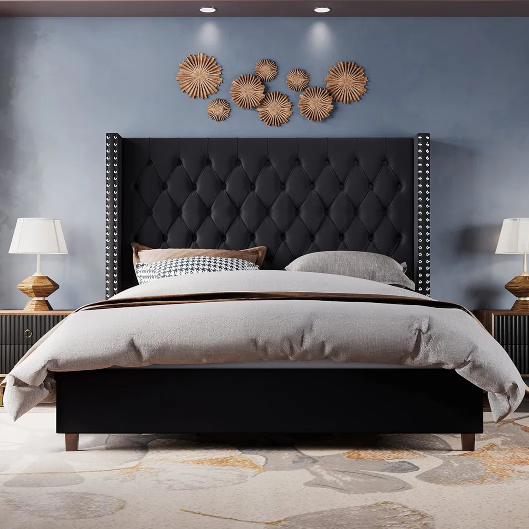 Huayang Queen Size Upholstered Bed Frame High Headborad Velvet Tufted Handmade Pleat Deep Button Black/Grey