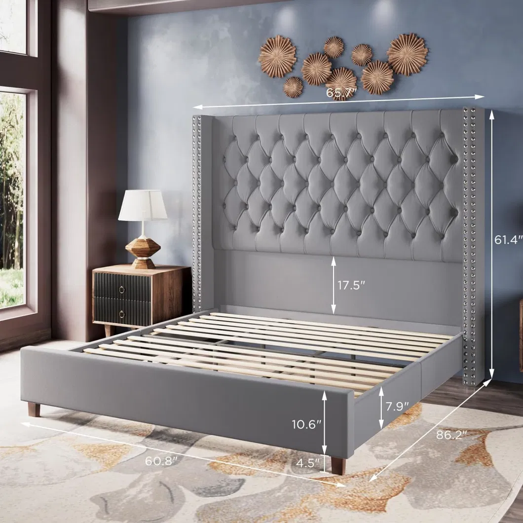 Huayang Queen Size Upholstered Bed Frame High Headborad Velvet Tufted Handmade Pleat Deep Button Black/Grey