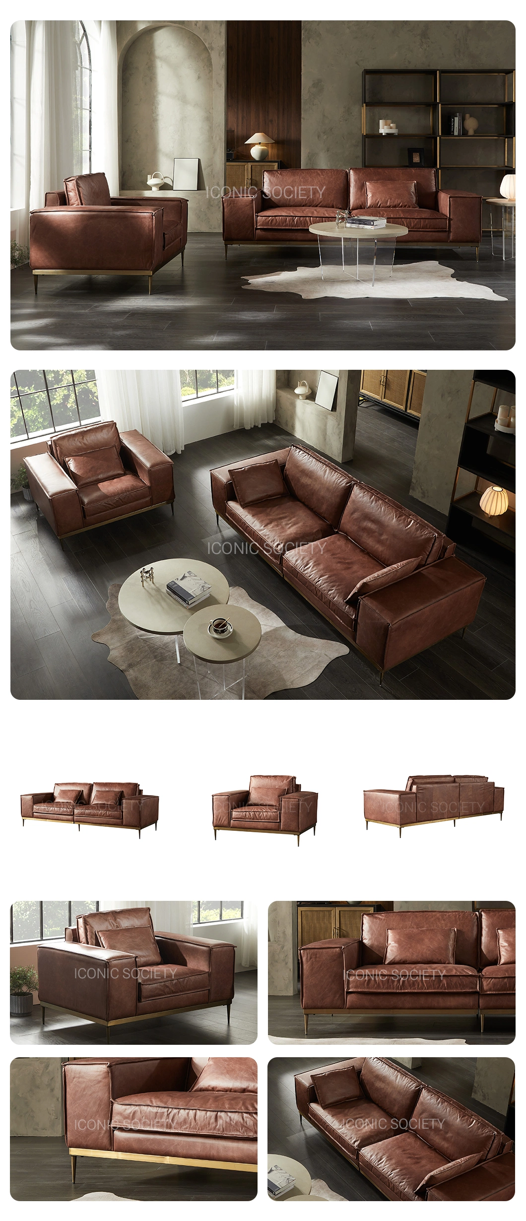 Modern Hotel Living Room Furniture Hotel Metal Frame Vintage Sectional Couch Genuine Leather Sofa Set