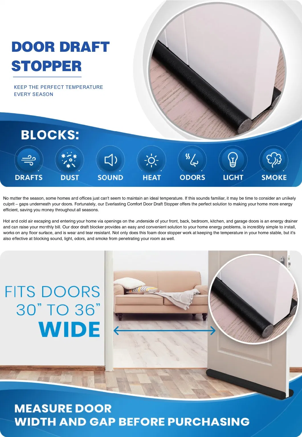 Velcro End Adjustable Window and Door Draft Stopper