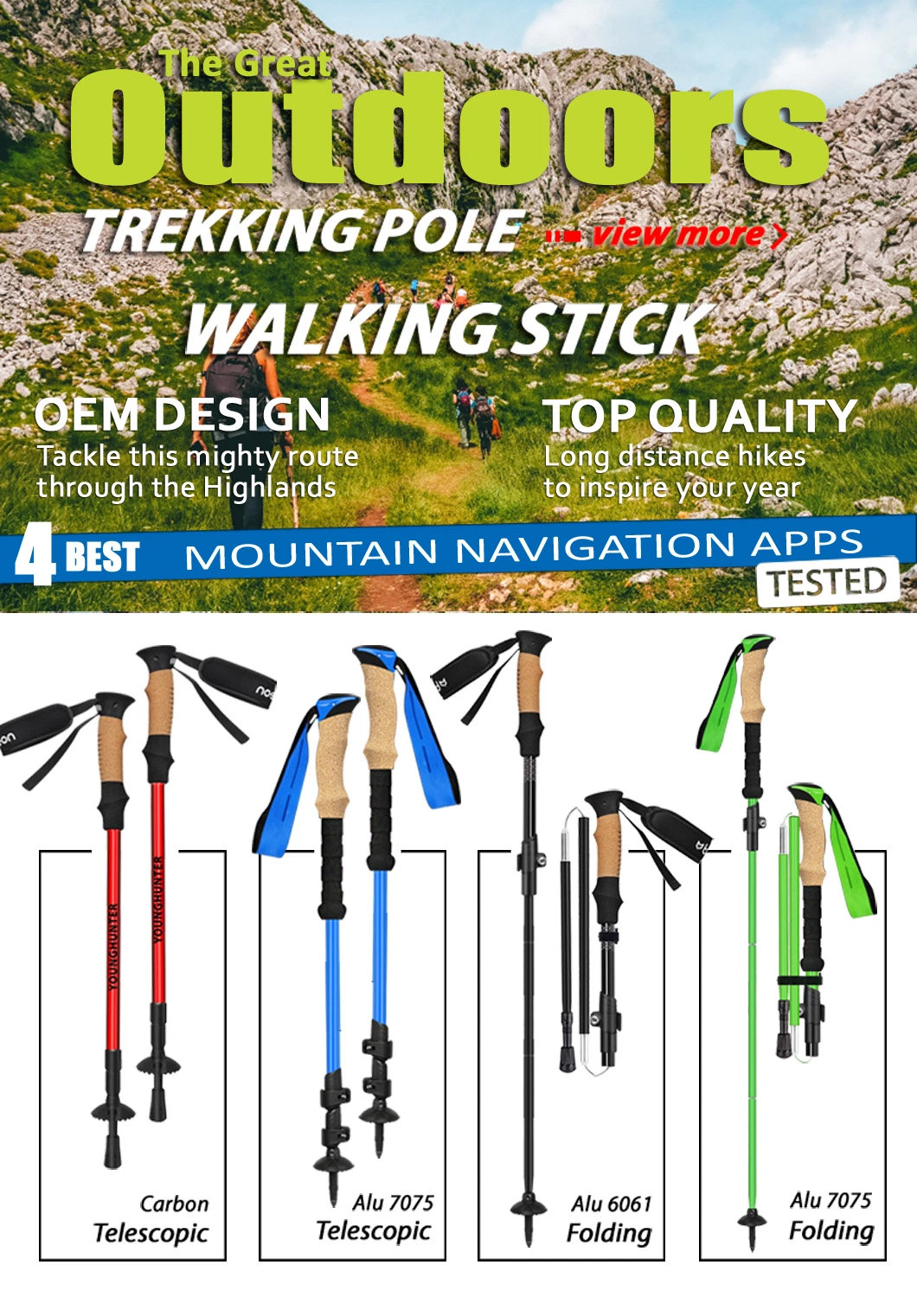 Outdoor Ultralight Mountain Telescopic Walking Sticks Ultralight Carbon Fiber Folding Aluminium 7075 Nordic Hiking Trekking Pole