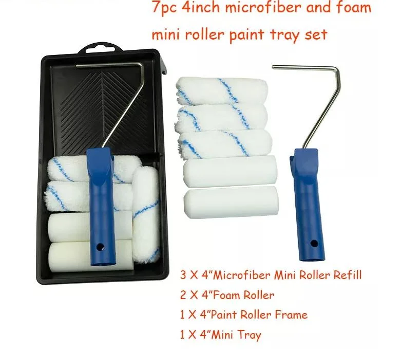 Yunxiao 4&prime;&prime; Mini Roller Acrylic/Foam/Mohair Mixed Paint Roller Set with Paint Roller Frame and 7&quot; Tray