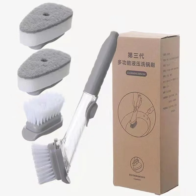 Customized Color Box Kitchen Cleaning Brush Long Handle Cleaning Brush with Sponge Dispenser Dish Washing Brush Kitchen Tools