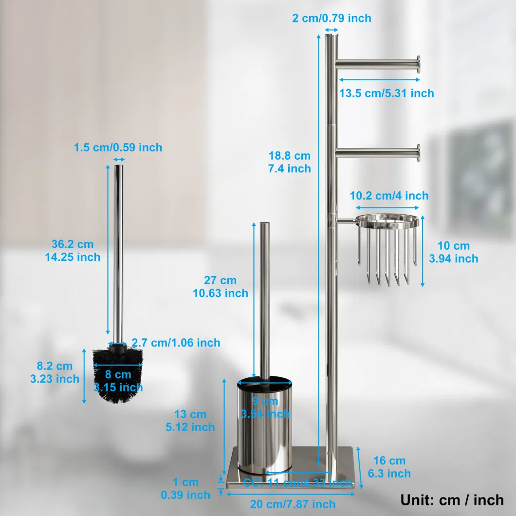 Multifunctional Bathroom Freestanding 304 Stainless Steel Toilet Brush with Toilet Paper Holder