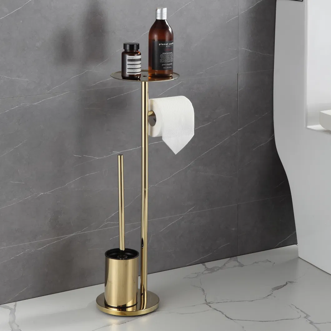 Gold Bathroom 304 Stainless Steel Stand Toilet Brush with Round Storage Holder