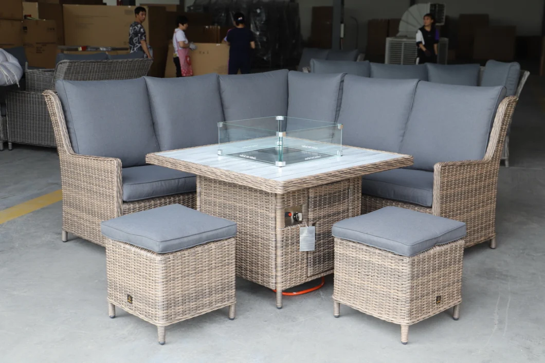 Luxury Design Outdoor Furniture Garden Rattan Corner Dining Set with Fire Pit