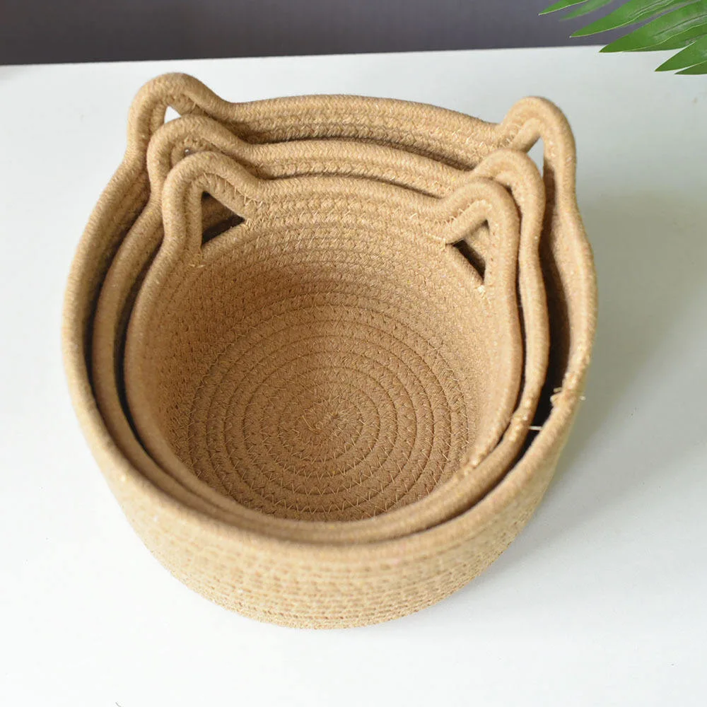 Cotton Thread Basket Woven Rattan Cat Ear Round