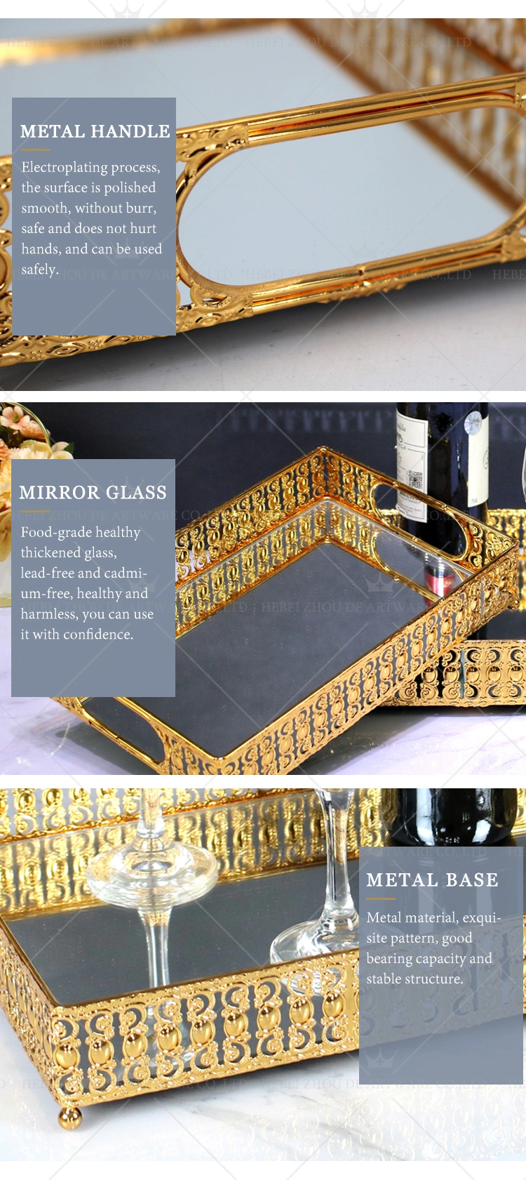 Wholesale Gold Metal Glass Mirrored Trays for Wedding Home Decor