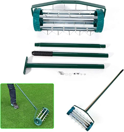 Heavy Duty 18 Inch Aerator Roller Rolling Lawn Garden Spike Lawn Aerator Home Grass Steel Handle Green Quick and Easy to Assemble