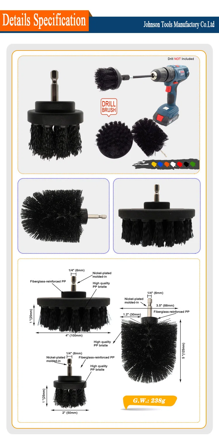 Black Color 3 Pieces Scrub Foam Electric Sponge Nylon Drill Brush Attachment Sets for Cleaning Paint Remove