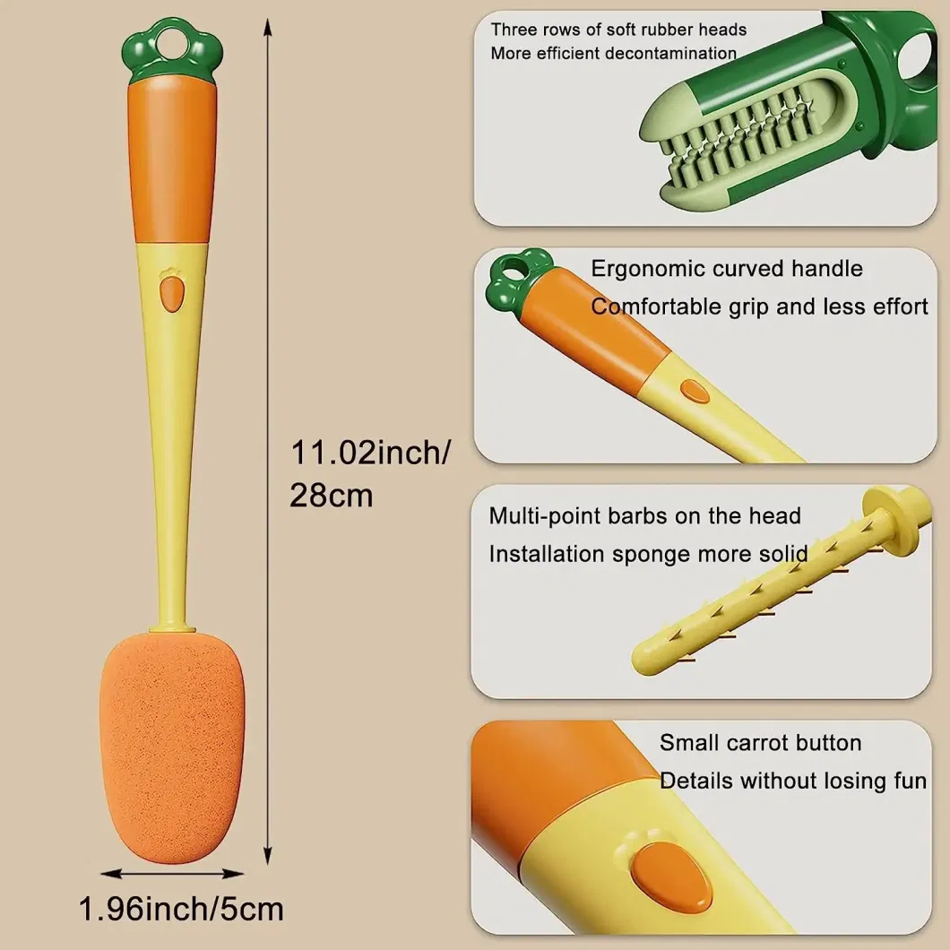 Multifunctional Cup Brush Carrot Shape 3-in-1 Long Handle Sponge Bottle Cleaner Mi22949