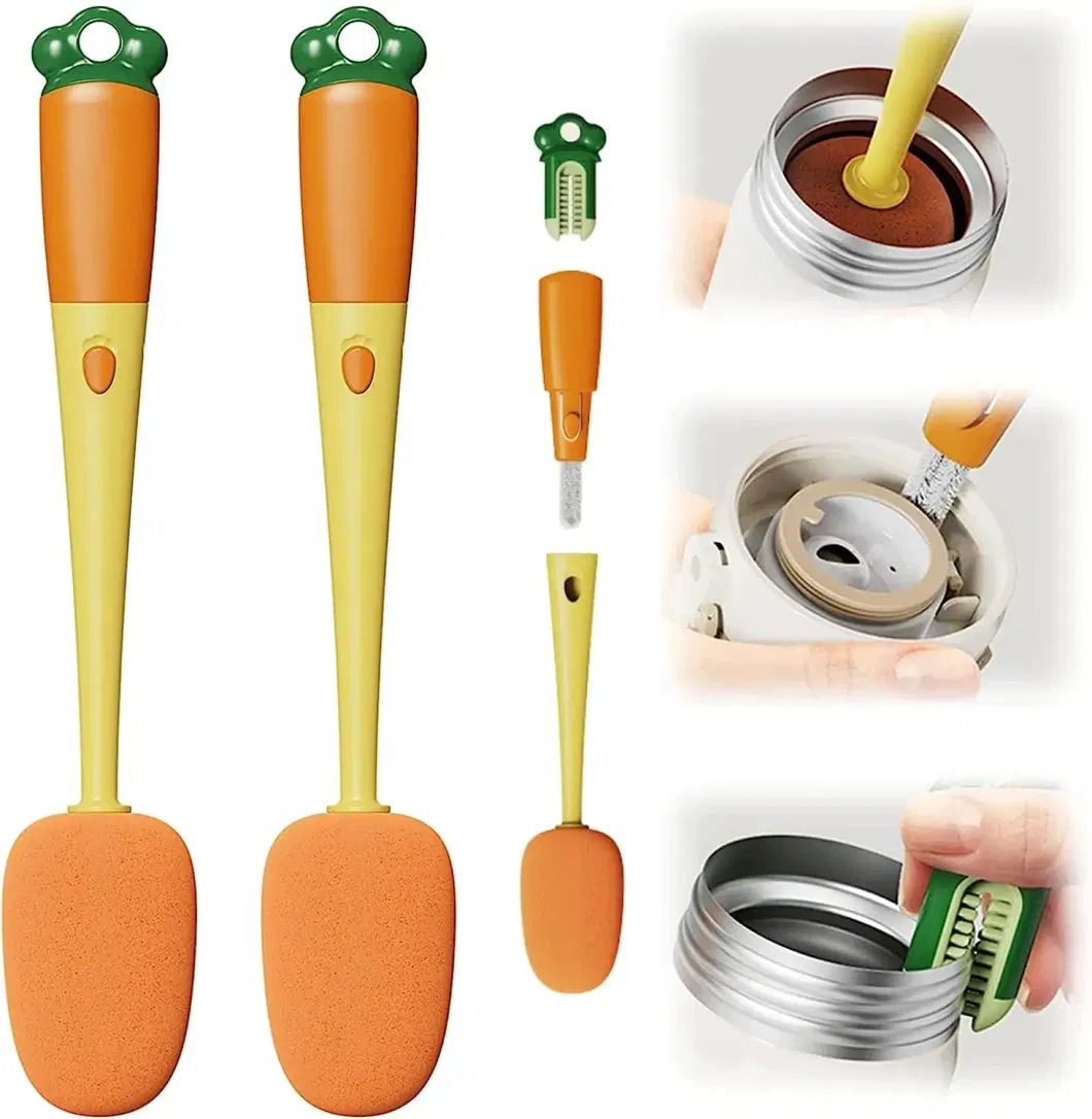 Multifunctional Cup Brush Carrot Shape 3-in-1 Long Handle Sponge Bottle Cleaner Mi22949