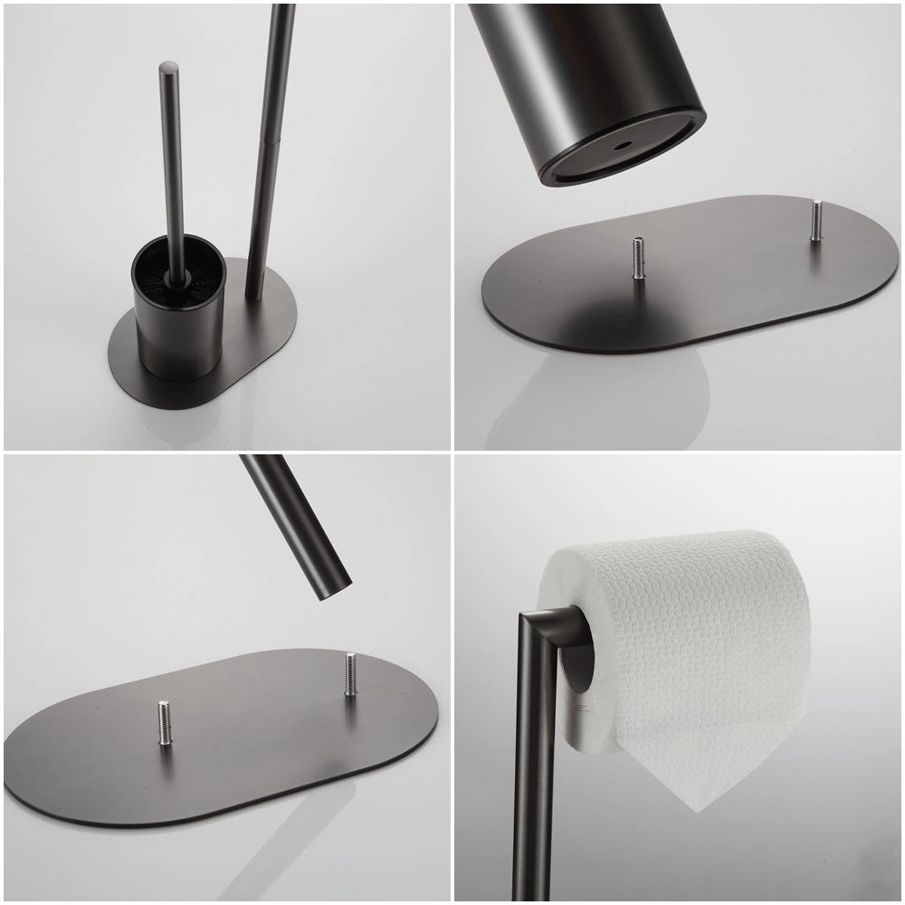 Matte Black Stainless Steel Standing Tissue Toilet Storage Toilet Brush with Paper Holder